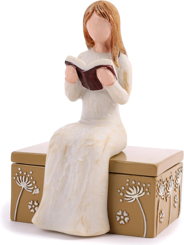 Resin Reading Girl Figurine with Hidden Storage Box Vintage Book Lover Gift