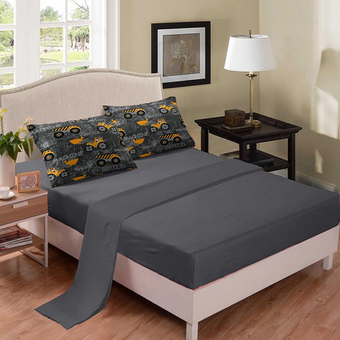 6 Set Set, Bag(1 1 1 2 1 Piece Construction Comforter Full, Truck Cars Excavator Tractor Dark Grey Bedding Soft