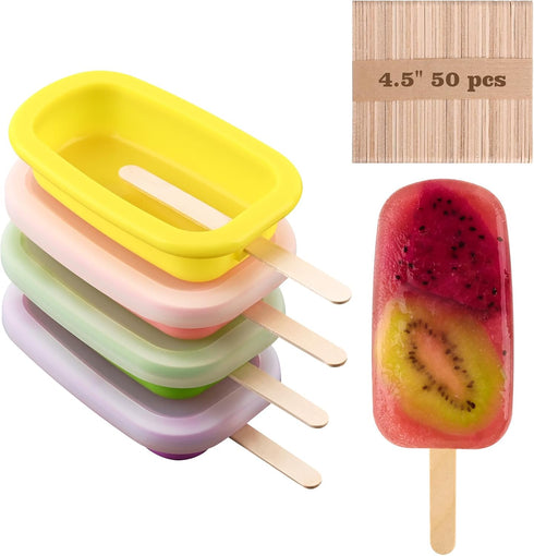 Sakolla 4 Pcs Silicone Popsicle Molds with Lid & 50 Pcs Wooden