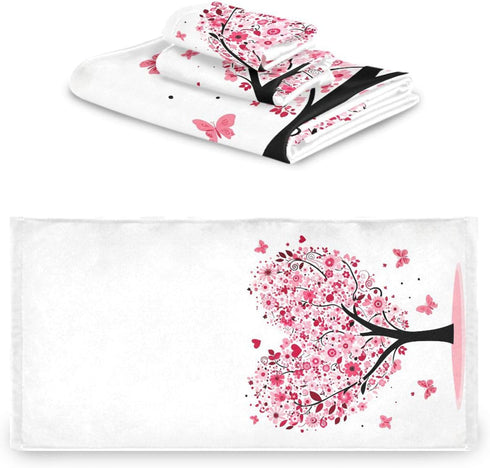 Set 3 Sets Pfrewn Pink Flowers Heart Tree Towels of Romantic Love Spring Trees Butterfly Bathroom Towel Soft Absorbent