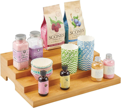 4-Tier mDesign Bamboo Spice and Food Kitchen Cabinet Pantry Shelf Organizer - Storage - Modern Compact Caddy Rack
