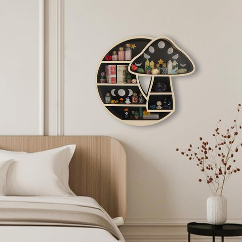 Cute Mushroom Decor, Wooden Mushroom Floating Shelves for Wall, Moon Shelf Wall Decor Crystal Rock Gem Stone Display