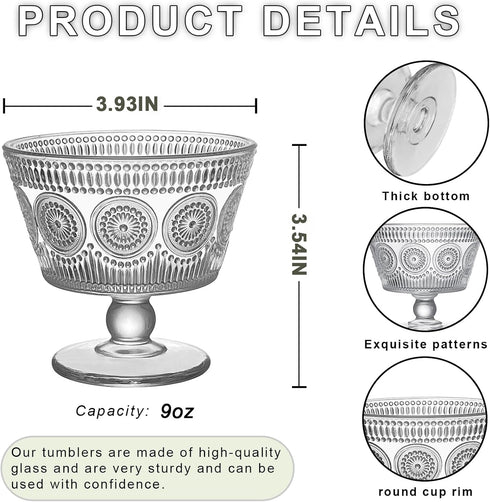 Set 4, 9oz (4PCS) Vintage Glass Dessert Bowls, of Glass Ice Cream Sundae Cups with Sunflower Pattern Glass Dessert
