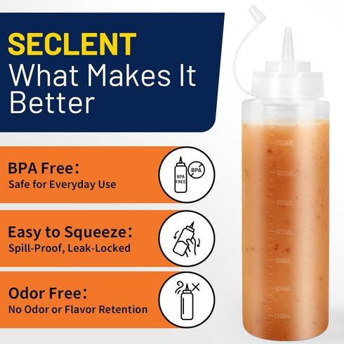 SECLENT 28 oz 6 Pack Condiment Squeeze Bottles, Salad Dressing Container, Ketchup and Mustard Bottles Squeeze, Sauces