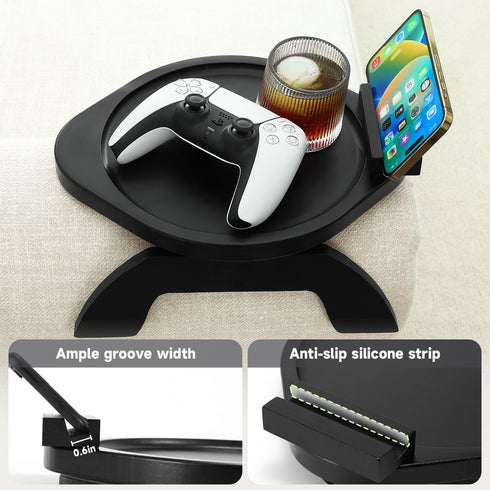 360 Couch Arm Table Tray, Sofa Clip on Tray Tables with Phone Holder, Bamboo Arm Rest Table for Couch, Folding Sofa