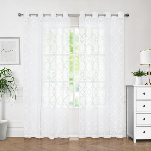 White Sheer Curtains 84 Inches Long, Lattice Geometric Embroidered Semi Sheer Curtain Panels, 52"w x 2pcs, Grommet Top