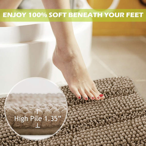 Non-Slip Bathroom Rugs, Quick Drying Chenile Bath Mat, Absorbent Microfiber Floor Carpet, 47" x 17", Brown