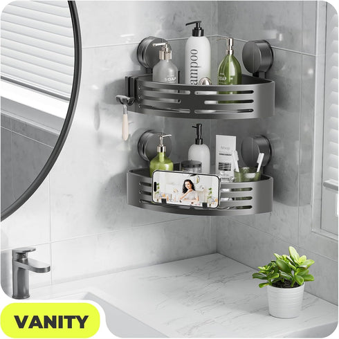 2 BREIS Corner Shower Caddy Suction Cup, PCS No Drilling Shower Shelves with Hooks, Powerful Upgraded Suction Bathroom