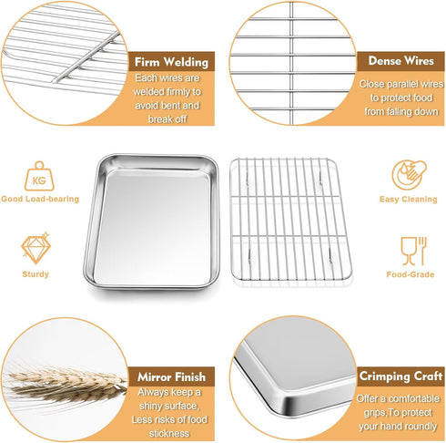Mini Toaster Oven Pan Set, P&P CHEF 9 Inch Stainless Steel Tray with Rack & Silicone Mat for Small Oven, 3Pcs