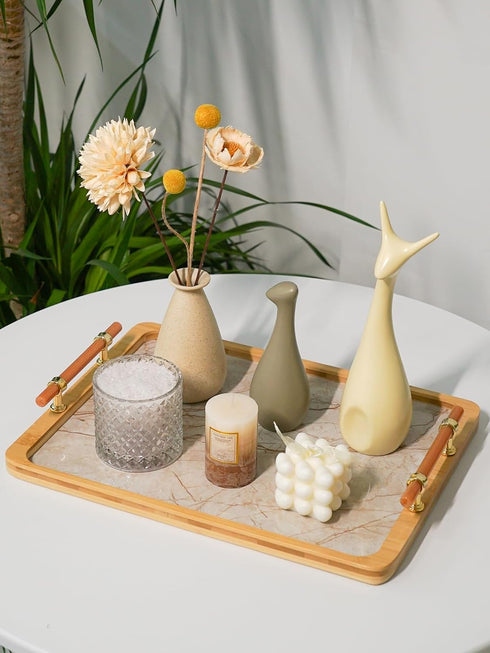 16" 12" JUPELI x Bamboo Serving Tray with Handles Marble Pattern Decorative Rectangle Tray for Coffee Table, Kitchen