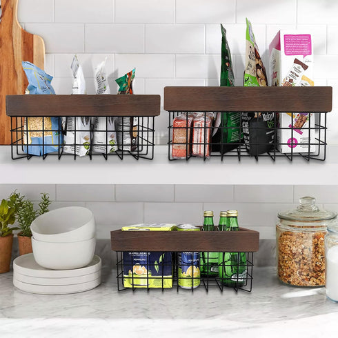 Set of 3 Metal Wire Baskets, Organizing Wood Top with Handles, Storage Organizer for Kitchen Cabinets, Pantry, Laundry