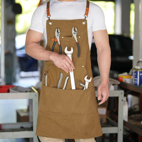 Canvas Aprons for Men, Heavy Duty Chef Work Apron with Large Pockets - 16oz Cross Back, BBQ, Cooking
