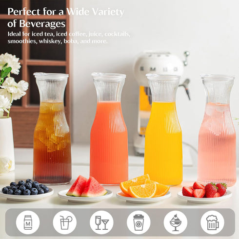 INSETLAN 1 Set 4- 4 Liter Ribbed Glass Carafe with Lid, of Juice Carafe for Mimosa Bar, Brunch,Parties, Beverage