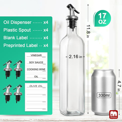 GMISUN Oil Dispenser for Kitchen, Olive Oil Dispenser Bottle, Cooking Oil Dispenser Bottle, Oil and Vinegar Dispenser Set 4Pack, Glass Oil Container Cruet-Oil Pourer Spout, Funnel and Labels by GM GMISUN