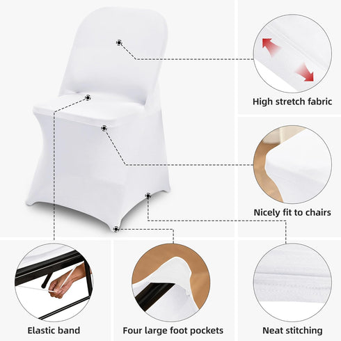 6 Packs White Spandex Stretch Folding Chair Covers for Wedding Party,Universal Fitted Washable Dining Seat Slipcovers
