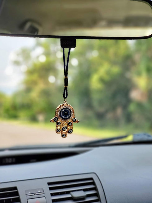 Hamsa Hand Amulet Pendant w/Crystal Rhinestones, Blue, White & Black Evil Eye Car Hanging Ornament