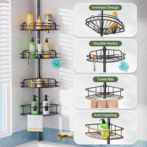 4-Tier 47-121 Inch HAMITOR Shower Caddy Tension Pole: Rustproof Bathroom Corner Shelf Organizer for Renters - No Drill