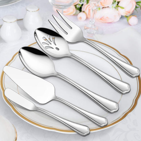 E-far 5-Piece Serving Utensils, Stainless Steel Scalloped Edge Hostess Set for Buffet Party, Dishwasher Safe
