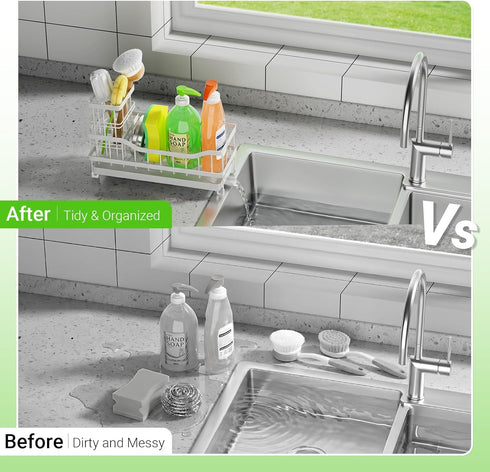 Countertop Sponge Holder for Kitchen Sink, Rustproof Sink Caddy Organizer with Dish Brush Holder, Self-Draining Kitchen