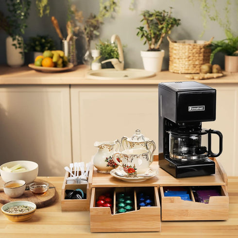 SOUJOY Bamboo Drawer Organizer for Coffee Pods, K Cup Organizer with Drawer and Side Storage Box for Kitchen
