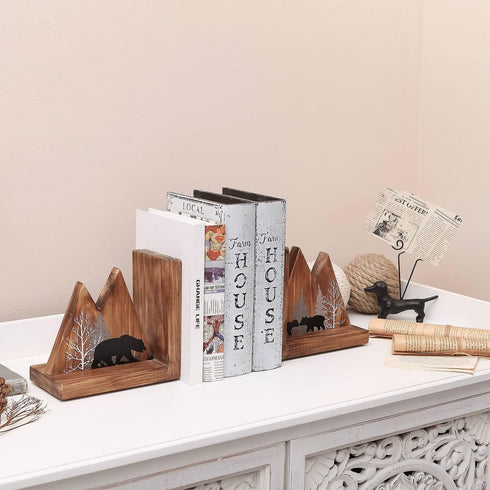 NIKKY HOME Heavy Duty Non Slip Rustic Woodland Mountain Wood Bookend Cute Bear Book Ends Book Stoppers for Cabin Decor