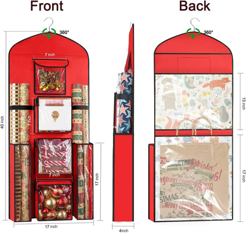 Hanging Gift Wrapping Paper Storage, 40"X17" Red Double-Sided Christmas Wrapper Bag for Craft Roll