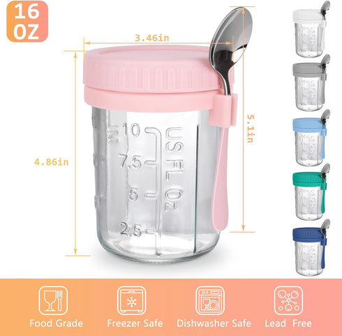 OcePor 6 Pack 16 OZ Overnight Oats Containers with Lids and Spoons, Glass Mason Overnight Oats Jars, Large Capacity