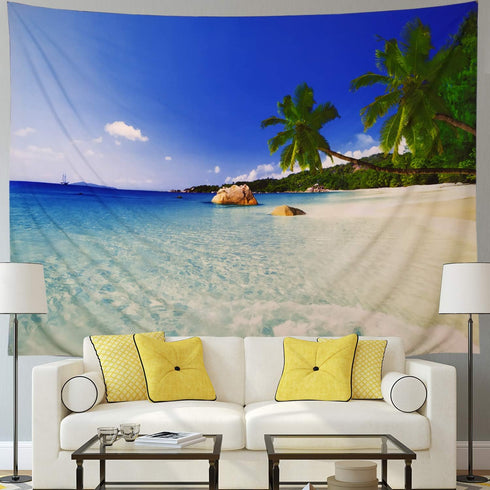 Racunbula Ocean Beach Tapestry Wall Hanging, Tropic Paradise Beach Tapestry, Palm Tree Wall Art