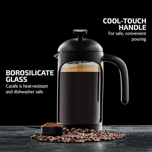OVENTE 34 Ounce French Press Coffee, Tea and Espresso Maker, Heat Resistant Borosilicate Glass with 4 Filter Stainless-Steel System, BPA-Free Portable Pitcher Perfect for Hot & Cold Brew, Black FPB34B by OVENTE