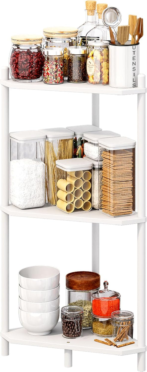 Wisuce Essentials 3 (White3 Corner Shelf Stand - Tier Bamboo Small Corner Bookshelf for Office Kitchen Bedroom Plant