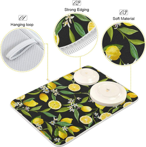 ALAZA Yellow Lemon on Black Dish Drying Mat, Absorbent Microfiber Small Pad for Kitchen Countertops 16 x 18 Inch