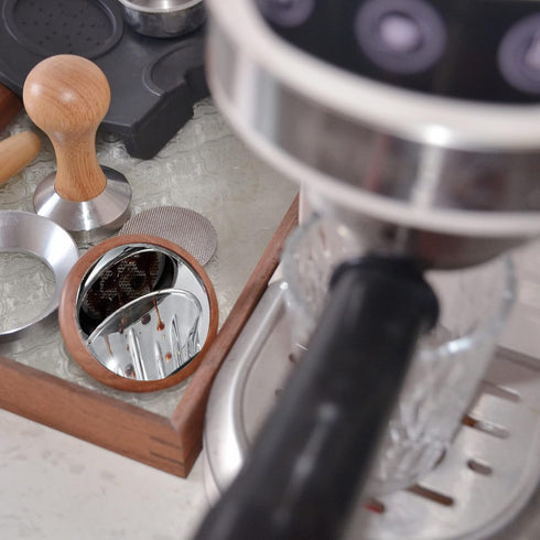 Espresso Lens Reflective Mirror Flow Rate Observation Tool, Wooden Base Magnetic Cafe Machine Accessory for Home Barista