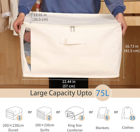 Canvas Comforters Bags, Closet Organizers and Storage for Quilts, Clothes, 75L Bins with Sturdy Zipper, Clear Window