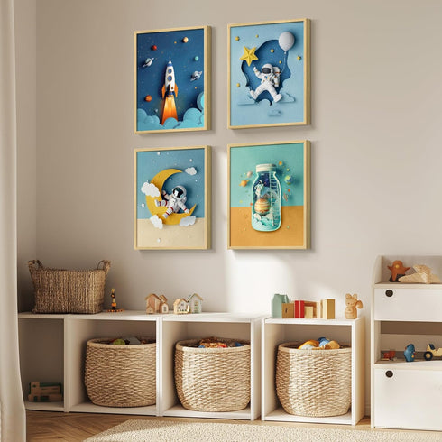 Set 4 8x10 Inch Framed Space Nursery Canvas Wall Art Prints for Baby Boy Room, of Outer Space Themed Bedroom Decor
