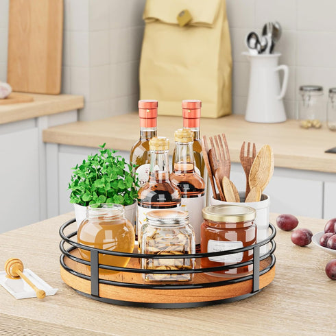 Wood Lazy Susan Turntable Organizer, 11" Round Wooden Lazy Susan for Kitchen Countertop, Dining Table, Pantry Storage