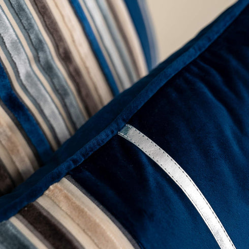 Yangest Navy Blue Striped Patchwork Throw Pillow Cover - Gold Leather Zippered Rectangular Cushion for Sofa, 12x20 Inch