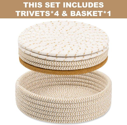 Trivets for Hot Dishes, Trivets for Hot Pots and Pans, Cotton Coasters 5 Pcs and Storage Basket 1 Pack, Pot Holders for Kitchen, Hot Pads for Table, Hot Mats Protect Countertops (Brown 5 Pcs) by Dakartoon