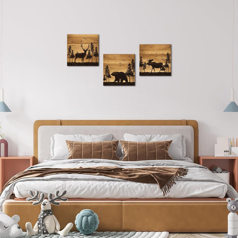 12"x12"x3 Apicoture Bear Elk Moose Wall Pictures Forest Landscape Hunting Theme Woodland Animal Painting Framed Canvas