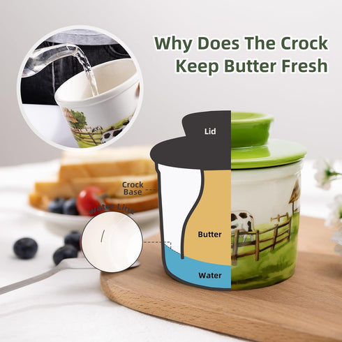 XRBEOU Countertop, Counter Ceramic Butter Crock With Lid for Embossed Cow Butter Holder Container for with Water
