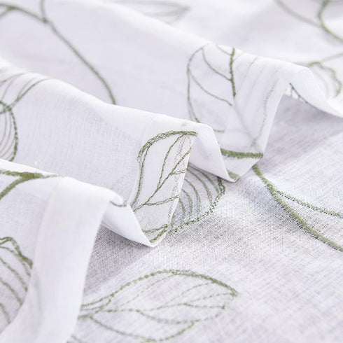 Topick White Sheer Kitchen Curtains with Sage Green Leaf Embroidery, 36 Inch Rod Pocket, 2 Panels for Short Windows