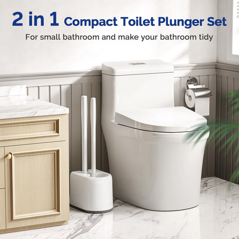 HAMITOR Toilet Plunger Bowl Brush ComboHeavy Duty Rubber for Drain Clog Remover - Curved Design Bristles for Deep