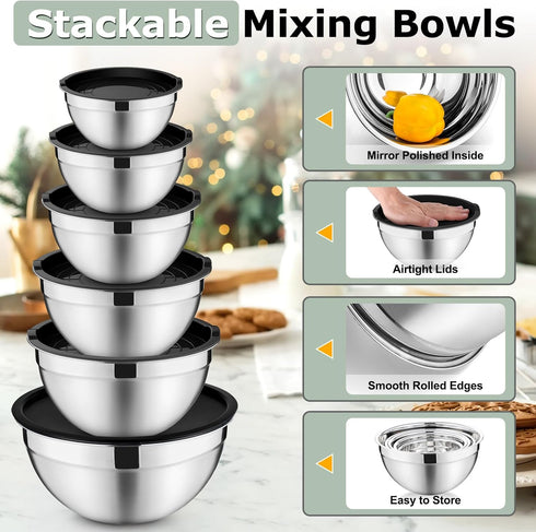 P&P CHEF Set of 6 Mixing Bowls with Black Lids, Stainless Steel Nesting Salad Bowl & 3 Grater Attachments for Prepping