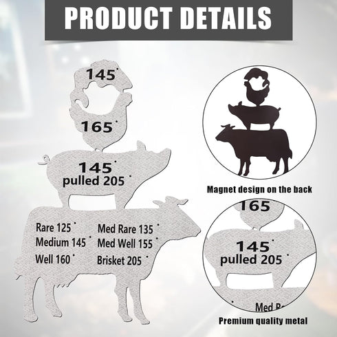 2pcs Meat Temperature Magnet, Waterproof Metal Smoker Temp Magnet Chart for Cooking, BBQ Gift for Men