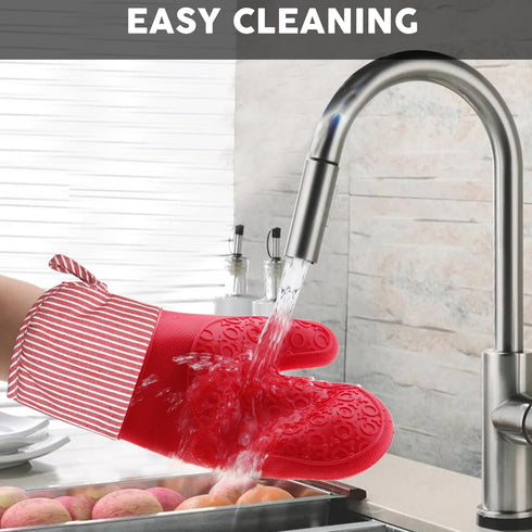 MIJOTEX Heat Resistant Silicone Oven Mitts, Set of 2 Extra Long Quilted Liner, 13 inch (RED)