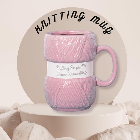 Boxer Gifts 'Knitting Keeps Me From Unraveling' Novelty Knitting Gift Mug, Light Pink with Realistic Yarn Detailing