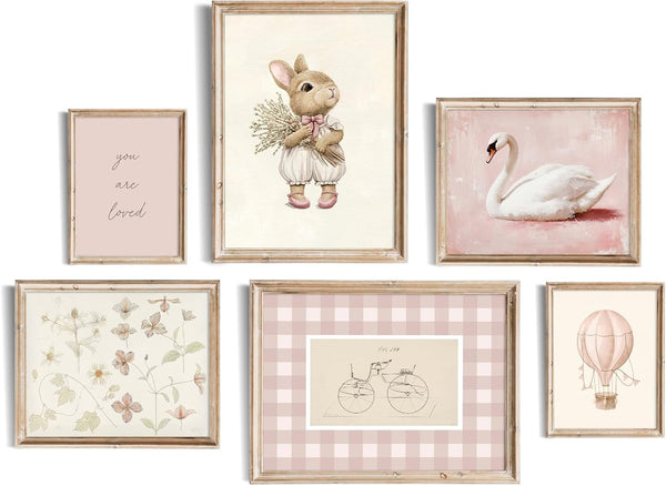 RETRART Pink Nursery Girl Wall Art Vintage Floral Pink Wall Decor Set