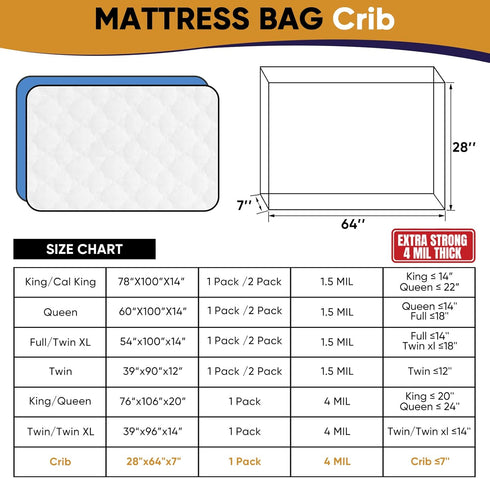 CHUPER 28" 64" 7" Crib Mattress Storage Bag,Heavy Duty Mattress Bags for Moving,Fits x x Standard Crib