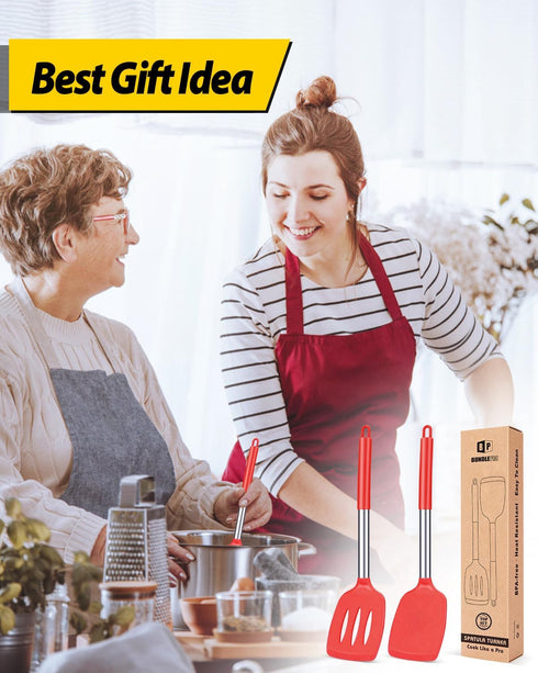 Pack of 2 Silicone Solid Turner, Non Stick Slotted Kitchen Spatulas, High Heat Resistant BPA Free (Red)