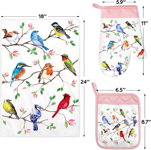 Vansolinne Birds Kitchen Dish Towels, Pot Holder, Oven Mitt with Loop Kit, Spring Gifts for Bird Lovers, BBQ Grilling,