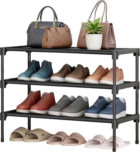 LOFTEY Shoe Rack, 3 Tier Non-Woven Shoe Shelf, Stackable Shoe Rack Organier